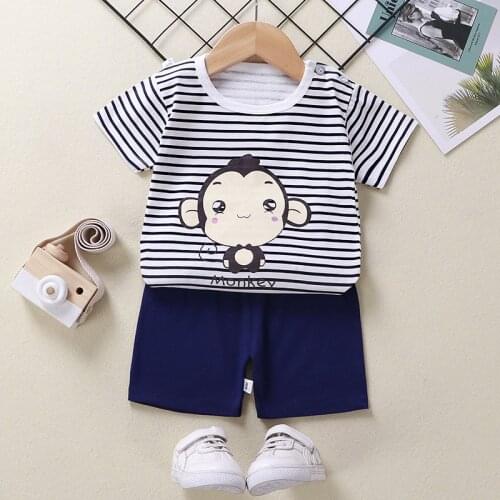 Toddler Boy Clothes Cool Casual T-shirt + Shorts Cets With Striped Monkey Printed Kid Children Clothing 6 - 9 -12 -18- 24months