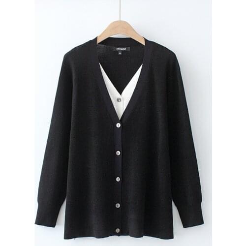 Plus Size XL-4XL Womens False Two Pieces Cardigan Long Sleeved V-neck Spring Autumn Outerwear Oversized Cardigans
