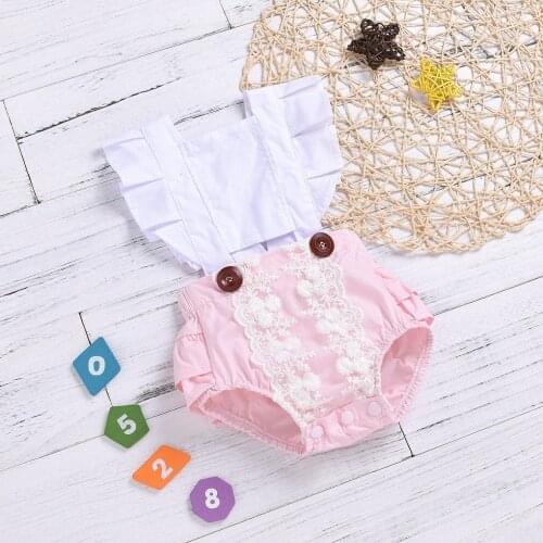 Newborn Infant Baby Girl Clothes Splice Fly Sleeve Cute Dot Lace Floral Bodysuit Jumpsuit Outfit