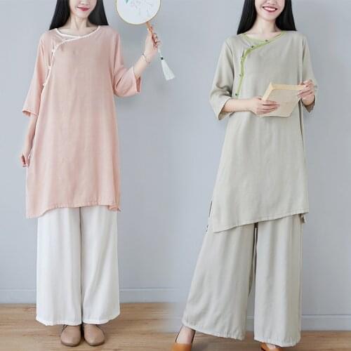 2pcs Set Vintage Top Wide Leg Pants Suit Summer Thin Cotton Linen Zen Tea Suit Traditional Chinese Clothing for Women