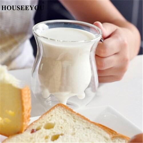 HOUSEEYOU Cow Udder Shaped Juice Pitcher Clear Wine Beer Mug Cup Double Glazing Handle Glass Gift Innovative Milk Creamer Coffee