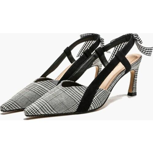 2021 Summer Gingham Pointed Fashion High-heeled Sandals Bowknot Womens Sandals Wild Shoes Women