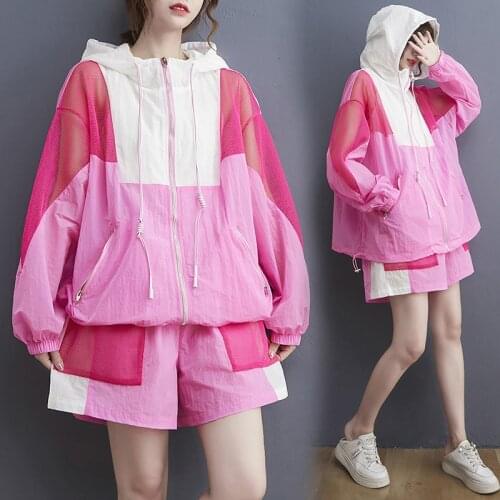 Large Size Sunscreen Fashion Suit Women Summer New Stitching Zipper Hooded Top+Elastic Waist Shorts Casual Two-piece Set Female