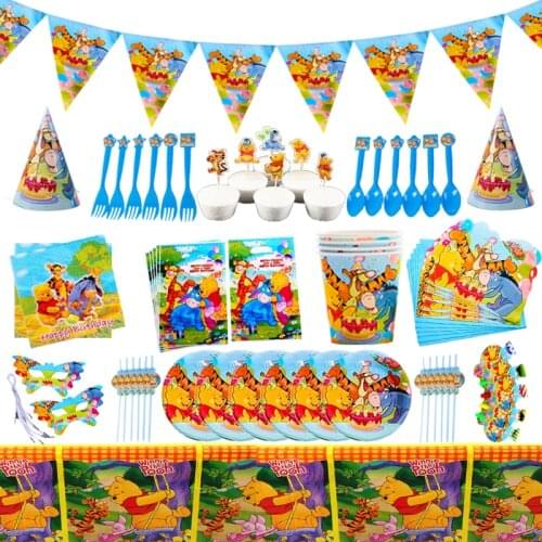 Disney Cartoon Winnie The Pooh Happy Birthday Party Decorations Disposable Tableware Set Baby Shower For Kids Birthday Supplies