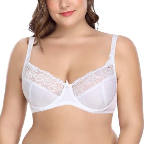 New Women Full Cup Unpadded Lace Bra Sheer Underwire Plus Size Bras White Mesh Embroidery 75 80 85 90 95 100 105 A B C D E F G