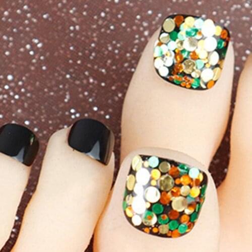 Wholesale 24Pcs Nail Patch Full Cover On Toe Nails Black Sequins Beauty Makeup False Toenails uñas postizas