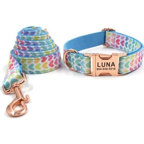 Personalized Dog Collar Customized Pet Collars Engraving ID Nameplate Tag Pet Accessory Rainbow Heart Puppy Collar Leash Set