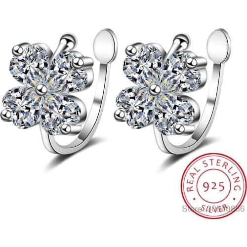Lucky Four Leaf Clover Clip Earrings for Women Shining Clear CZ Flower Jewelry Trendy 925 Sterling Silver Jewelry