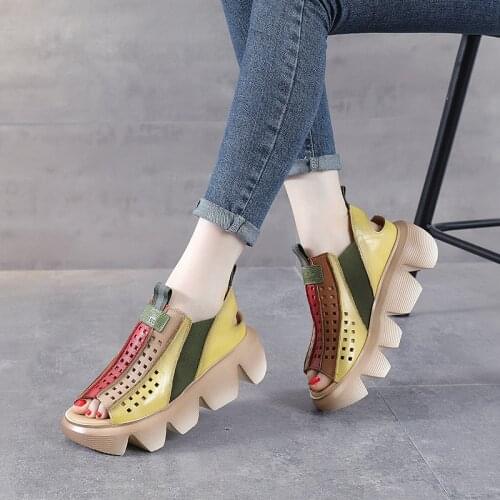Retro First Layer Cowhide Thick-soled Sponge Cake Hollow Single Shoe Hole Womens Shoes Wedge Leather Sandals Women Summer