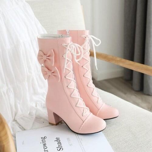 Japanese LOLITA boots sweet lace bow shoes high tube Lolita Princess boots pink