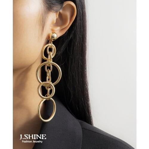 J.Shine Hyperbole Statement Earrings Geometry Large Linked Circle Long Earrings For Women Hanging Dangle DropEarrings 2021
