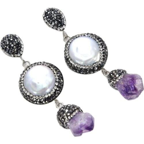 JK White Pearl Purple Amethyst Stone Rough Marcasite Earrings