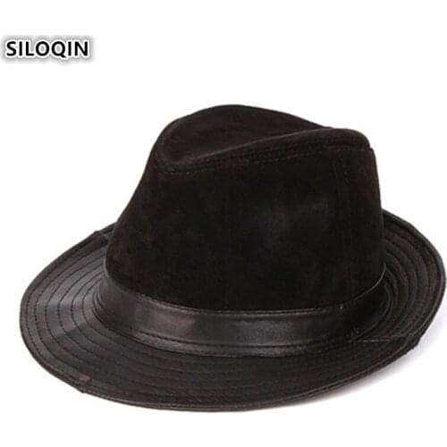 SILOQIN Genuine Leather Hat Mens Leather Fedoras Jazz Hat 2019 New Style Elegant Womens Sheepskin Hats Snapback Cap Unisex