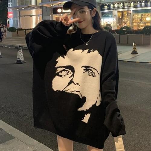 Oversize Long Sleeve O Neck Sweaters Women Korean Cartoon Character Sueter Mujer Streetwear Women Harajuku Pullover Knitted Tops