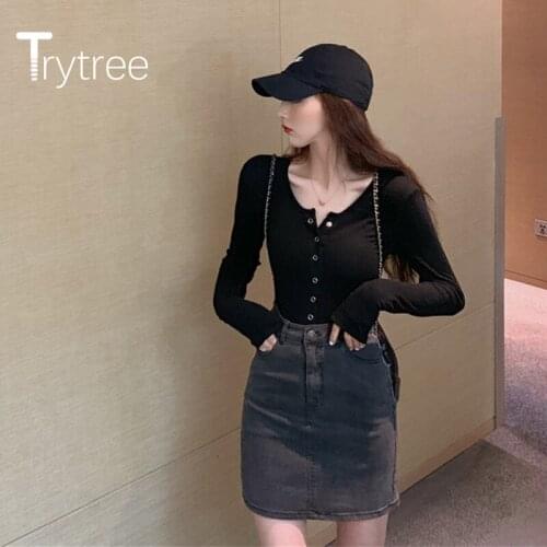 Trytree 2020 Spring Women Casual T-shirt O-neck Solid 2 Color Single Breasted Fashion Slim fit All-Purpose Style T-shirt Tops