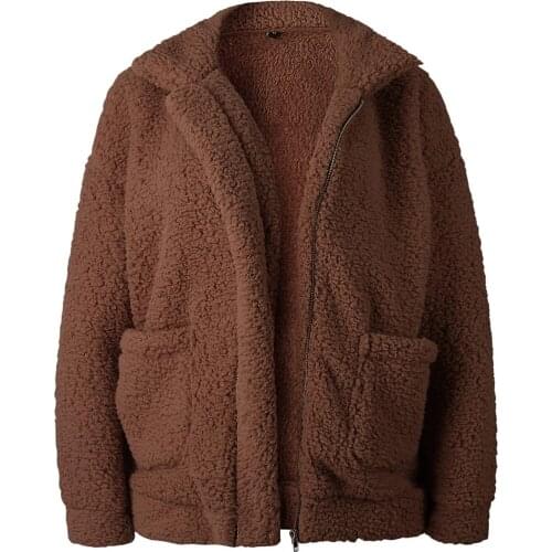 2021 Winter Womens Fashion Long Sleeve Lapel Zip Up Faux Shearling Shaggy Oversized Coat Jacket with Pockets