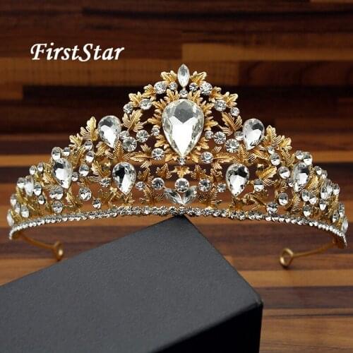 FirstStar Big Rhinestone Bridal Tiara Headband Water Drop Full Crystal Leaf Gold Crown For Women Wedding Prom Hair Accessories