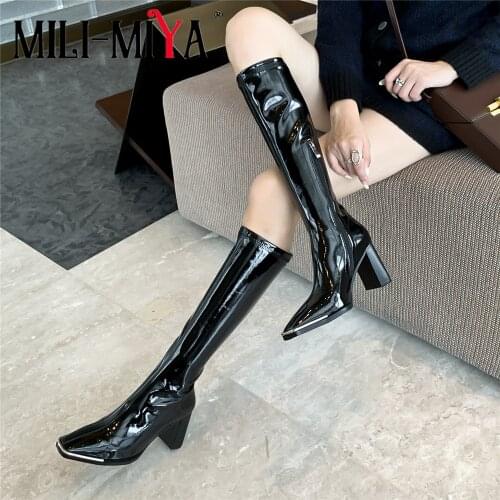 MILI-MIYA Brand Design Women Patent Leather Knee-High Boots Solid Color Square Toe Square Heels Zipper Plus Size 34-43 For Lady