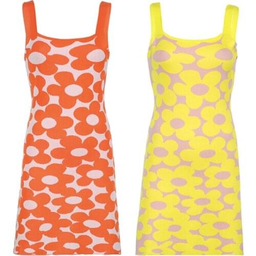 Women Summer Sleeveless Bodycon Knitted Mini Tank Dress Harajuku Bright Floral Print High Waist Casual Beach Sundress