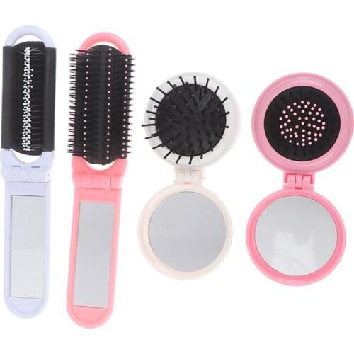 1PCS Folding Comb Girl Hair Brush With Mirror Styling Tools 3 Colors Portable Round Pocket Small Size Travel Massage