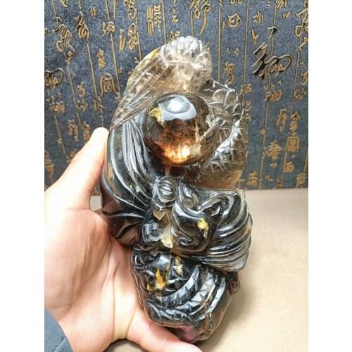 100% of high quality natural quartz tea-coloured crystal carved dragon infinite energy