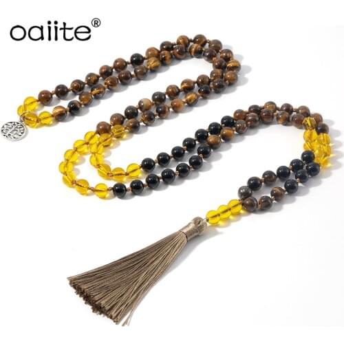 108 Natural Beads Mala Bracelet with Eye Tiger and Black Onyx Crystal Peaceful Heart Calming JaPaMala Beads Necklace Jewelry