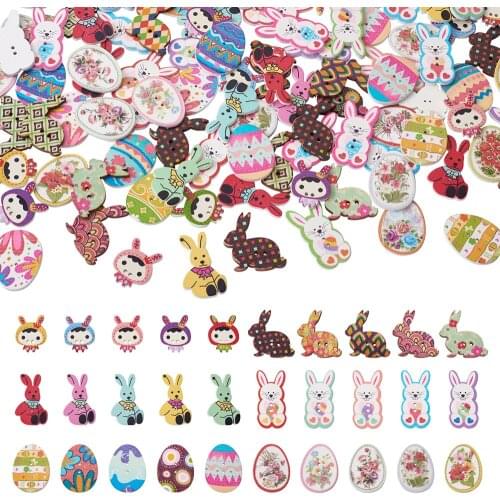 2-Hole Printed Wooden Buttons for Sewing Crafting Easter Theme Mixed Egg Rabbit Girls Shape Buttons Clothing Accessories 210pcs