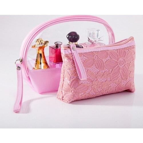 2PCS Fashion Lace Cosmetic Bag Transparent PVC Bath Wash Makeup Bag Travel Organizer Toiletry Bag Pouch Zipper Purse Bags BB68