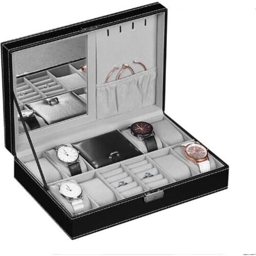 2 In One 8 Grid Storage Watch Box PU Leather Watch Holder Organizer With Lock for Quartz Watches Jewelry Boxes Display Best Gift