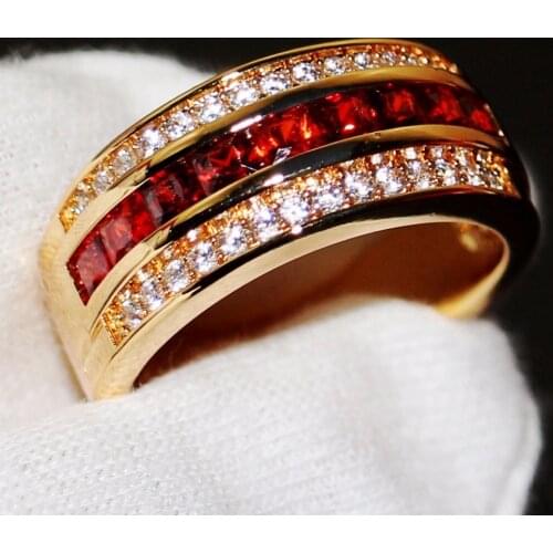 US Size 8-12 Male Fashion Jewelry 10KT Gold Filled Drop shipping Square 5A Red Cubic Zirconia CZ Men Wedding Band Finger Ring