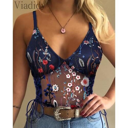 Women Embroidery Sheer Mesh Floral Print Skinny Top V-Neck Spaghetti Strap Camis