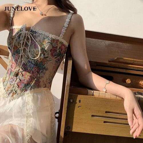 JuneLove French Vintage Print Halter Tops Women Elegant Designer Chic Bandage Floral Corset Shirts Sexy Party Club Ladies Tops