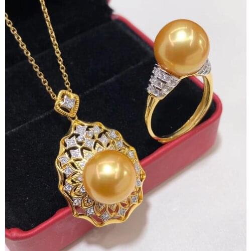 D727 Pearl Set Fine Jewelry 925 Sterling Silver Round 11-12mm Fresh Water Golden Pearls Jewelry Sets for Women Presents