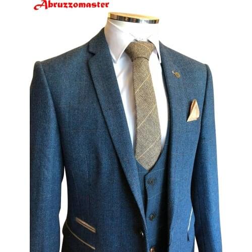 Abruzzomaster Mens Blue Tweed Slim Fit Suit 3 Piece Tuxedos Groom Herringbone Formal Weddiing Suit (Jacket+pants+vest)