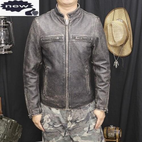 Men Stand Collar Vintage Biker Genuine Jacket Multi-Pockets Zipper Motorcycle Cowhide Real Leather Coat Oversize 4XL