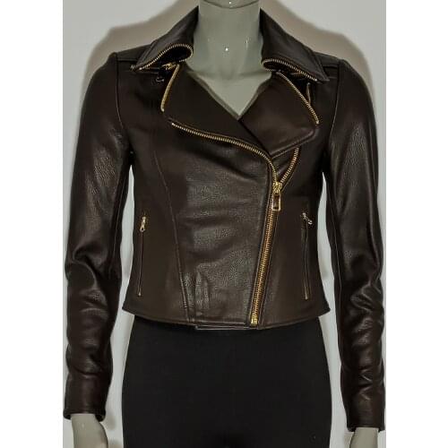Women Spring Autumn Short Biker Jacket Black Brown %100 High Quality Genuine Leather Casual Comfortable Zipper Coat