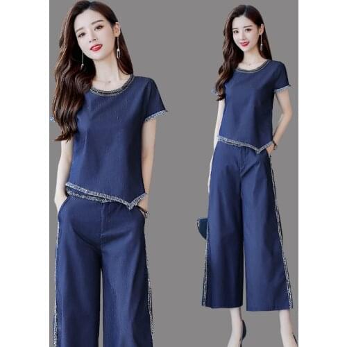 Summer Denim Pants And Top Two Piece Set Short Sleeve T Shirt+Cropped Jeans 2 Piece Sets Womens Outfits DD2171