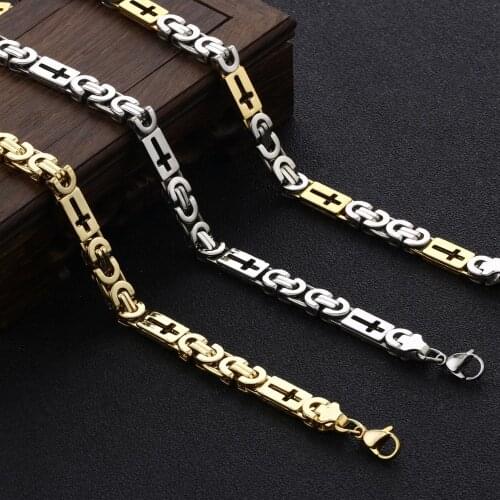 Stainless Steel Carved Cross Heavy Link Chain Necklace For Men Gold Silver Color Byzantine Necklaces Religous Jewelry Gifts 55cm
