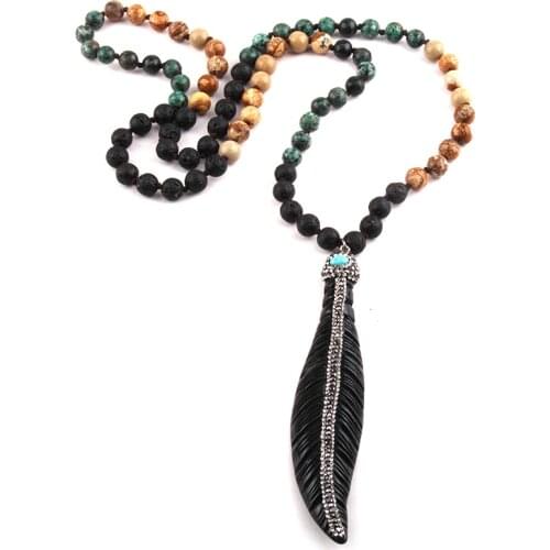 MOODPC Fashion Stone Mixed Color Knotted Paved Leaves Pendant Necklaces For Women Ethnic Necklace