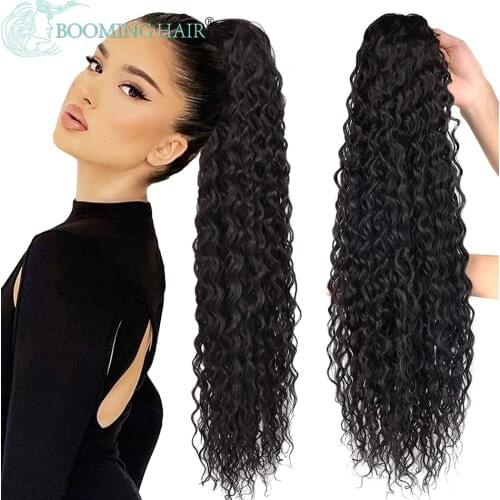 Long Water Wave Ponytail Extension 80cm Synthetic Drawstring Clip in Ponytail Hair Piece Black Brown Ombre Color BOOMING HAIR