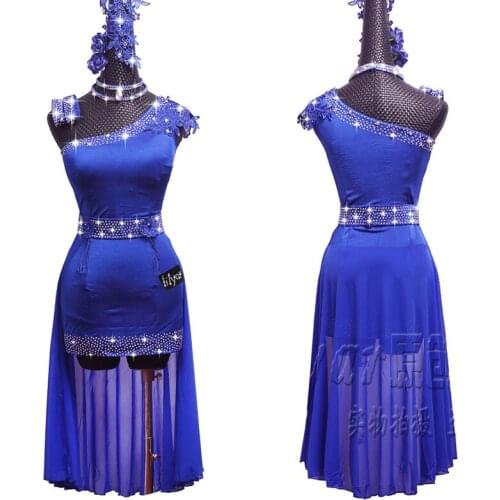New Shinny Latin Dress Women Blue Dress Sexy Sloping Shoulder Gauze Dance Skirt Flamengo Ladies Party Perform Latin Dress BL1995