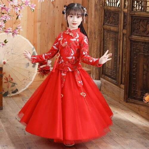 Girls Tang Hanfu Clothing Autumn Winter New Kids Embroidery Blouse+princess Dress 2Pcs Suit Chinese Children Dance Costume Cospl