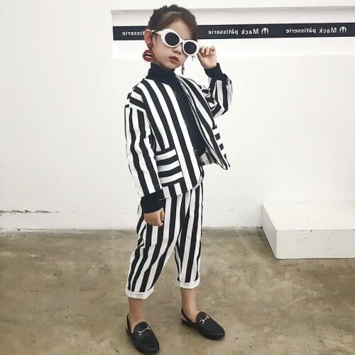 Kids Blazers Girls 2pcs Kids Suits Striped Kids Blazers Jackets Girls Set 2019 Girls Blazers Jackets+pant Outerwear 3-8 Years