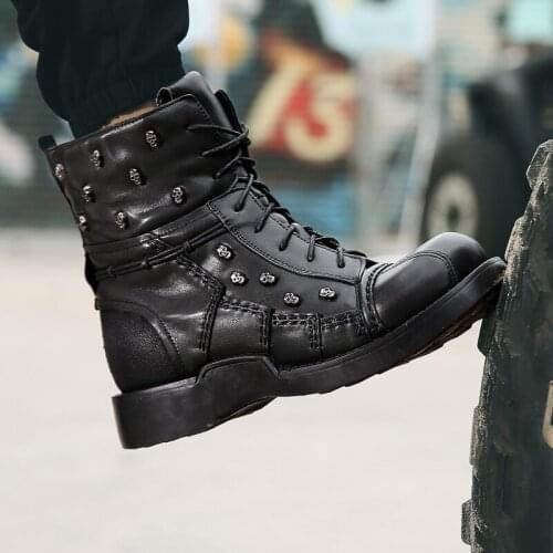 Work boots Punk boots Mens Vintage & Unique Look Genuine Leather Ankle Motorcycle Military Combat Boots with Skull