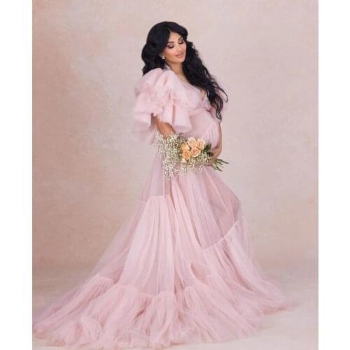 Pink Robe Short Sleeves New Ruffles Party Sleepwear Custom Made Nightgown Robes Puffy Skirt Photography Boudoir Pajamas