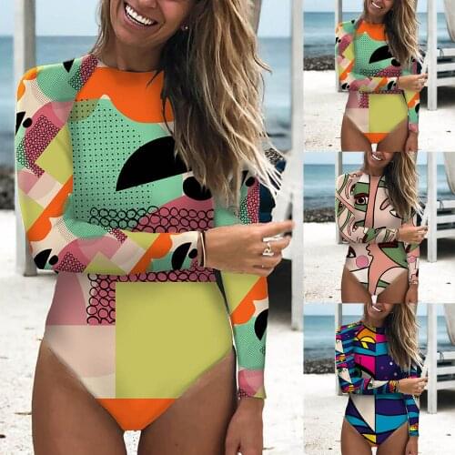 S-XL New Long sleeve Creativity Women Fashion Personality Abstract One-piece Swimsuit Bathing Beach Swimwear strój kąpielowy F4