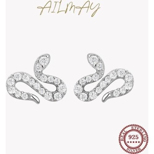 Ailmay Fashion 925 Sterling Silver Cute Animal Little Snake Earrings Sparkling CZ For Women Girls Anti-Allergy Fine Jewelry Gift