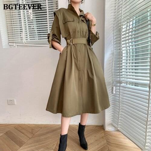 BGTEEVER Autumn Chic Lapel Women Midi Dress Full Sleeve Pockets Single-breasted Sashes Belted Ladies A-line Vestidos 2021