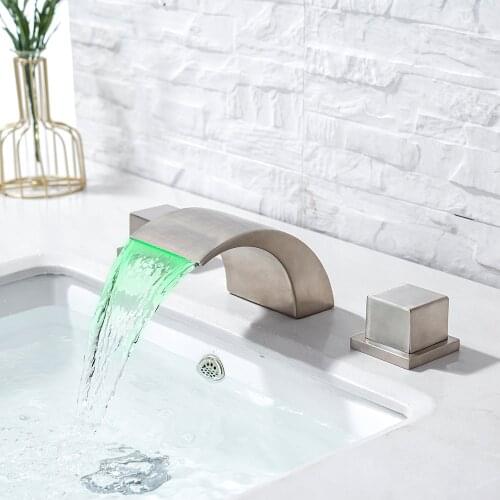 LED Waterfall Faucets Bathroom 8-Inch Waterfall Basin Faucet with 3 Holes 2 Handles Deck Mounted Sink Faucet Brushed Nickel