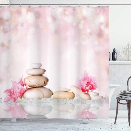 Spa Shower Curtain Bohemian Zen Stones and Soft Petals Therapy Tradition Chakra Yoga Asian Picture Fabric Bathroom Decor Set